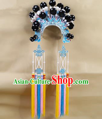 Chinese Beijing Opera Warriors Black Venonat Headpiece, China Peking Opera Blues Helmet