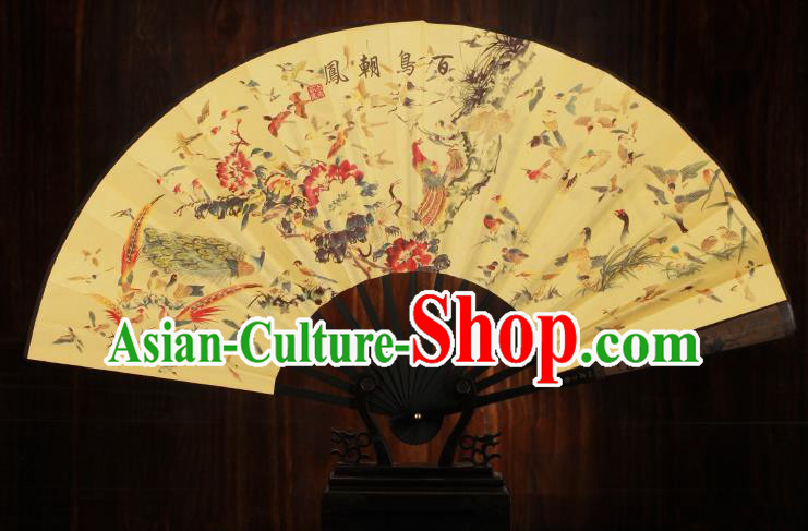Traditional Chinese Crafts Printing Song of the Phoenix Folding Fan, China Sculpture Framework Silk Fans for Men