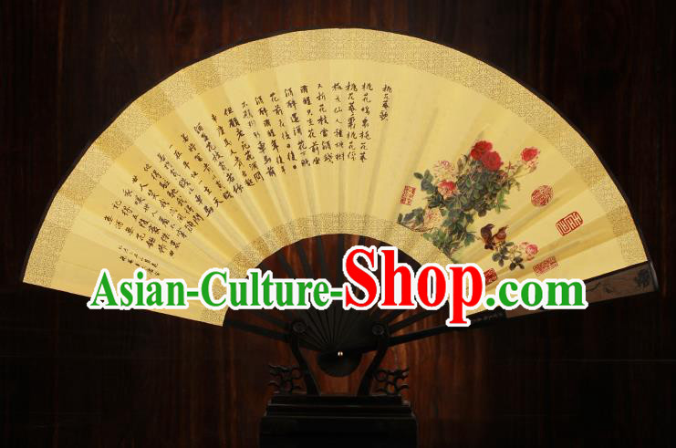 Traditional Chinese Crafts Printing Peony Folding Fan, China Sculpture Framework Silk Fans for Men
