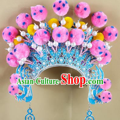 Chinese Beijing Opera Warriors Pink Venonat Headpiece, China Peking Opera Blues Helmet