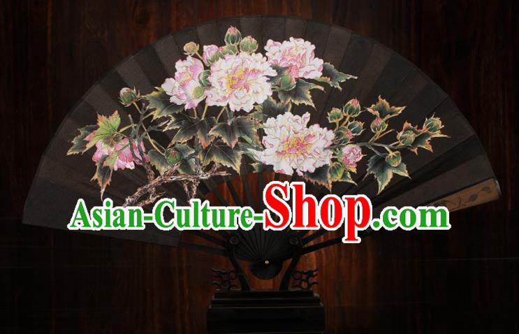 Traditional Chinese Crafts Printing Peony Black Folding Fan, China Sculpture Framework Silk Fans for Men