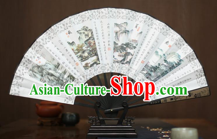 Traditional Chinese Crafts Printing Four Seasons Folding Fan, China Sculpture Framework Silk Fans for Men