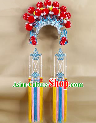 Chinese Beijing Opera Warriors Red Venonat Headpiece, China Peking Opera Blues Helmet