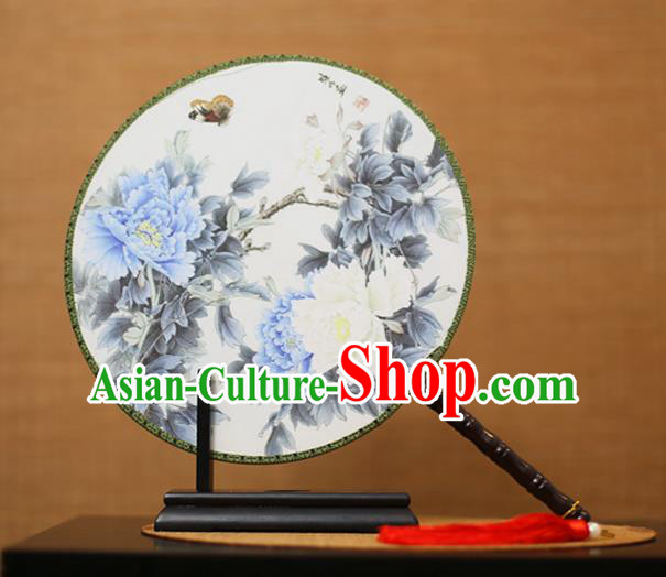 Traditional Chinese Crafts Printing Peony Flowers Round Fan, China Palace Fans Princess Silk Circular Fans for Women