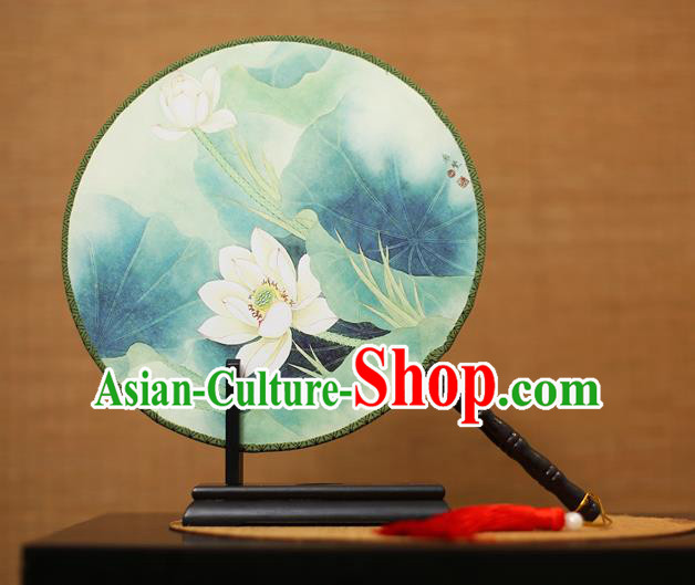 Traditional Chinese Crafts Printing Lotus Round Fan, China Palace Fans Princess Green Silk Circular Fans for Women