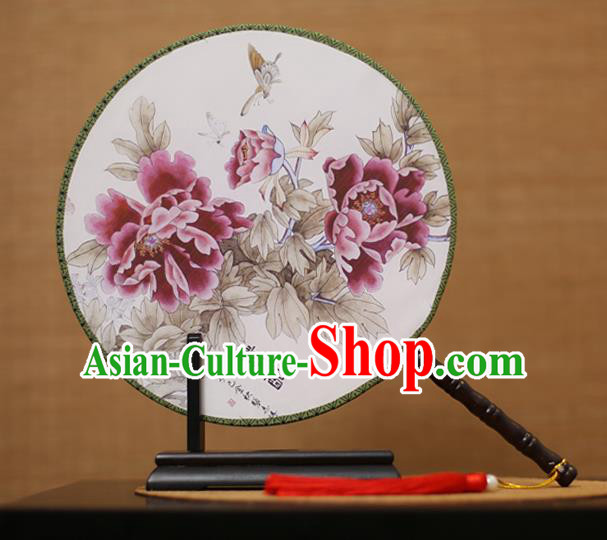 Traditional Chinese Crafts Printing Peony White Round Fan, China Palace Fans Princess Silk Circular Fans for Women