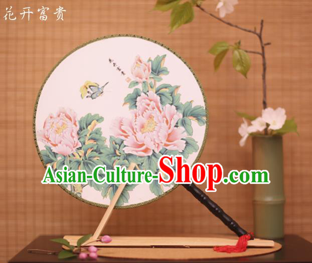 Traditional Chinese Crafts Printing Peony White Round Fan, China Palace Fans Princess Silk Circular Fans for Women