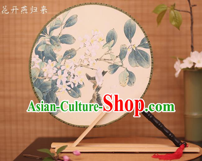 Traditional Chinese Crafts Printing Flowers White Round Fan, China Palace Fans Princess Silk Circular Fans for Women