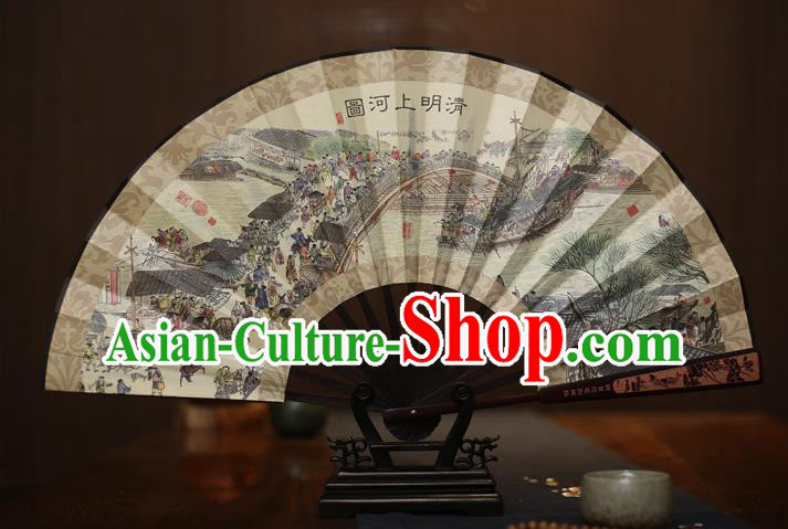 Traditional Chinese Crafts Printing Riverside Scene at Qingming Festival White Folding Fan, China Sculpture Framework Silk Fans for Men