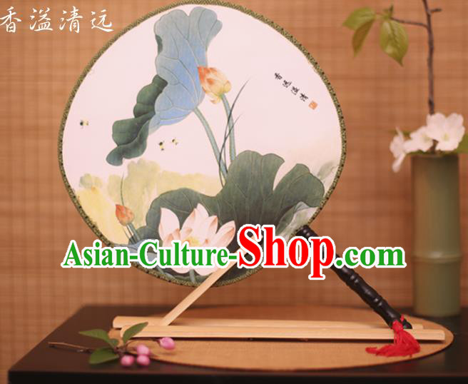 Traditional Chinese Crafts Printing Lotus White Round Fan, China Palace Fans Princess Silk Circular Fans for Women