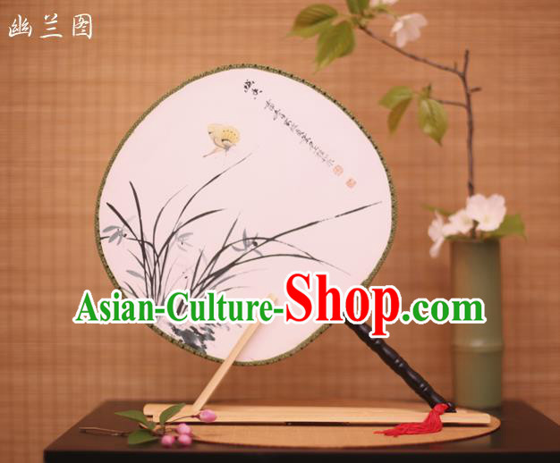 Traditional Chinese Crafts Printing Orchid White Round Fan, China Palace Fans Princess Silk Circular Fans for Women