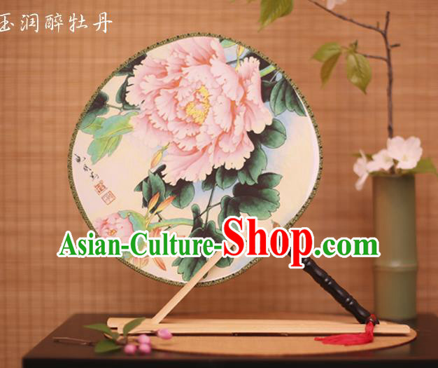 Traditional Chinese Crafts Printing Peony White Round Fan, China Palace Fans Princess Silk Circular Fans for Women