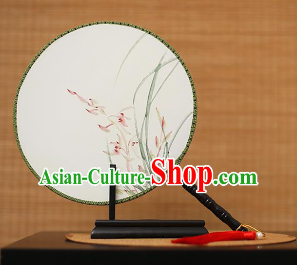 Traditional Chinese Crafts Printing Orchid White Round Fan, China Palace Fans Princess Silk Circular Fans for Women