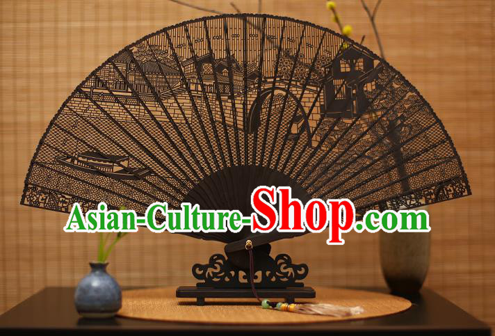 Traditional Chinese Crafts Ebony Folding Fan Carving Scenery Sandalwood Fans for Women