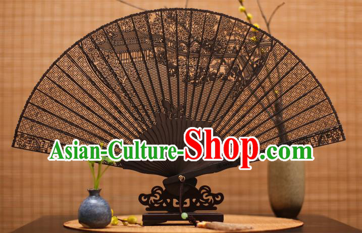 Traditional Chinese Crafts Ebony Folding Fan Carving Courtyard Sandalwood Fans for Women