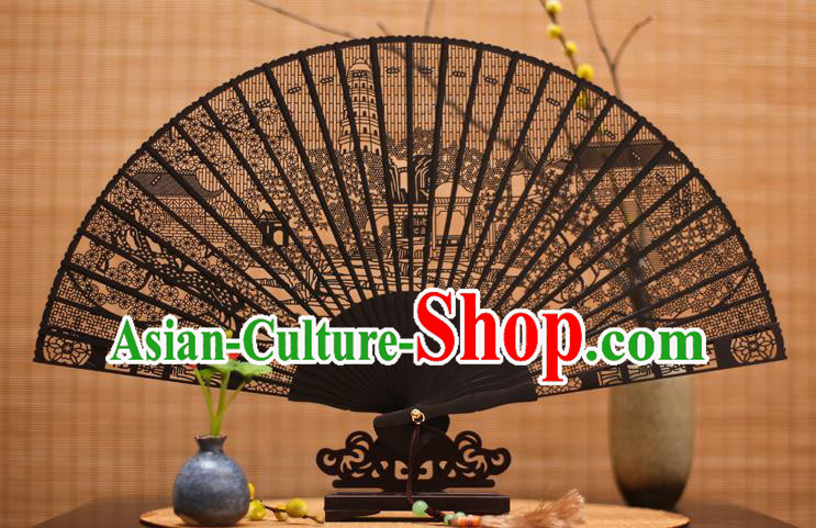 Traditional Chinese Crafts Ebony Folding Fan Carving Pagoda Sandalwood Fans for Women