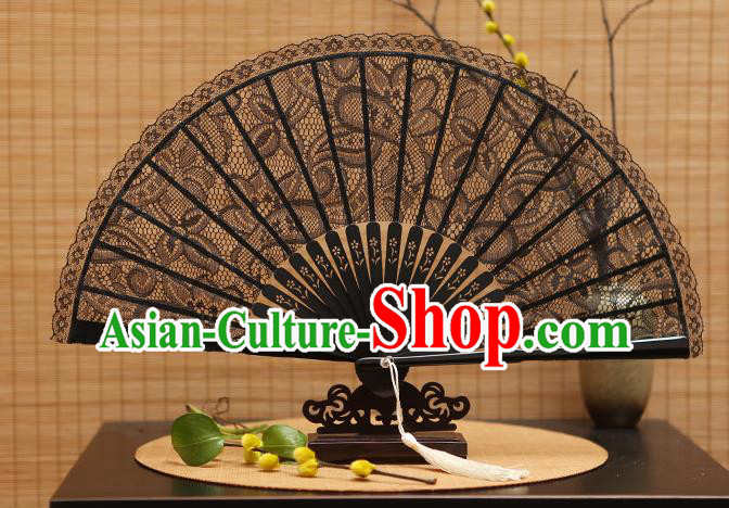 Traditional Chinese Crafts Black Lace Folding Fan Hollow Out Fans for Women