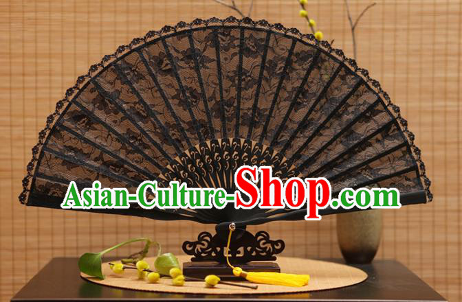 Traditional Chinese Crafts Black Lace Folding Fan Hollow Out Flowers Fans for Women