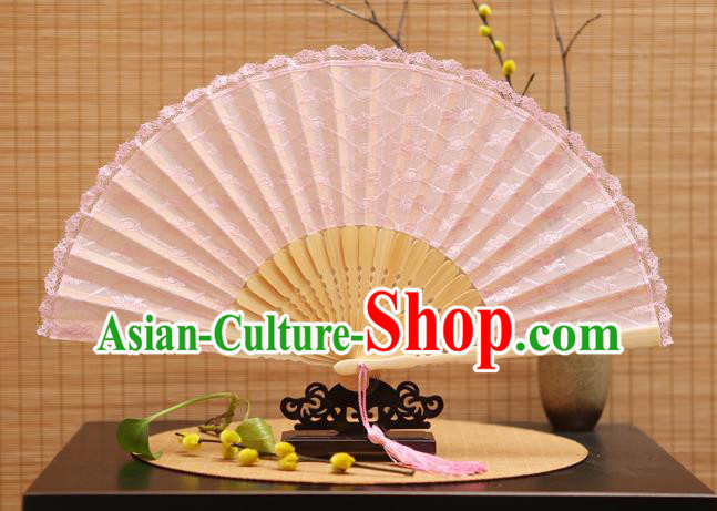 Traditional Chinese Crafts Pink Lace Folding Fan Hollow Out Flowers Fans for Women