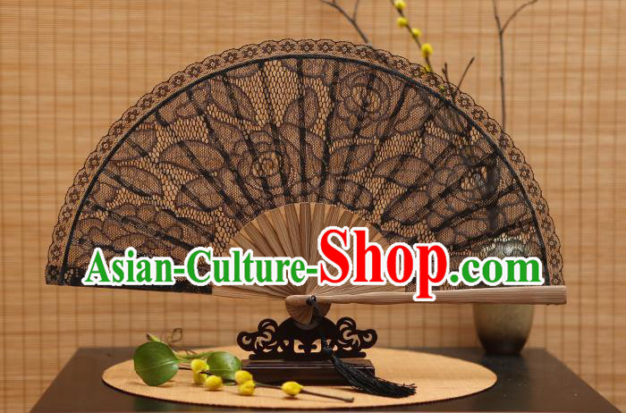 Traditional Chinese Crafts Black Lace Folding Fan Hollow Out Rose Fans for Women