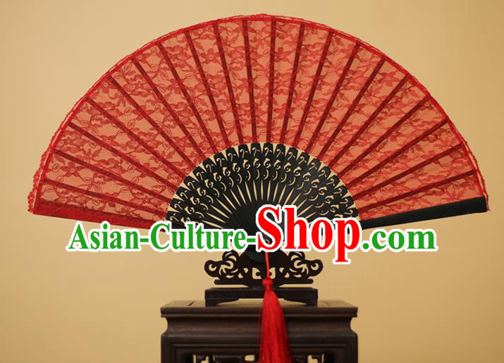 Traditional Chinese Crafts Red Lace Folding Fan Hollow Out Flowers Fans for Women