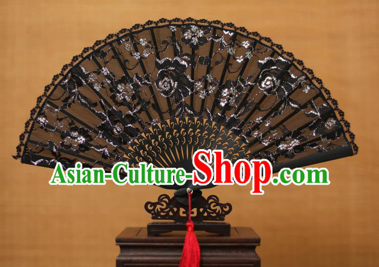 Traditional Chinese Crafts Black Lace Folding Fan Hollow Out Fans for Women