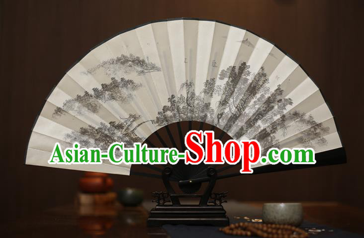 Traditional Chinese Crafts Printing White Folding Fan, China Sculpture Framework Silk Fans for Men