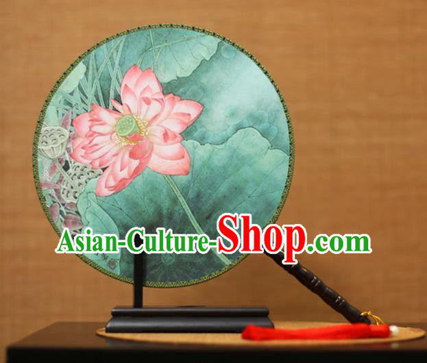 Traditional Chinese Crafts Printing Lotus Round Fan, China Palace Fans Princess Silk Circular Fans for Women