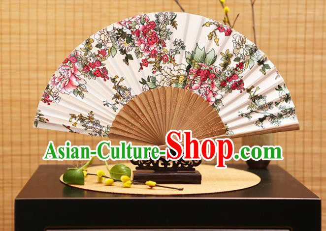 Traditional Chinese Crafts Folding Fans Printing Flowers White Silk Fan for Women