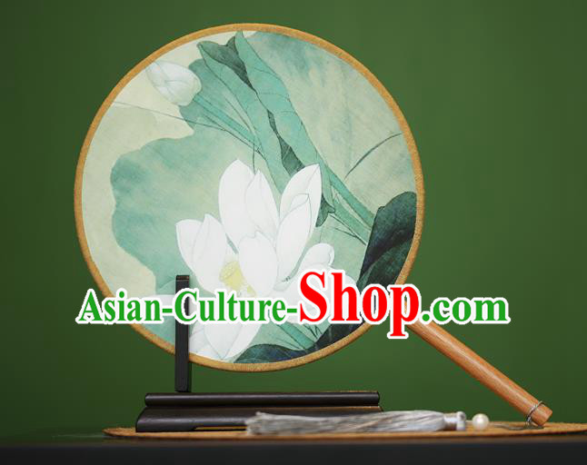 Traditional Chinese Crafts Painting Lotus Rosewood Round Fan, China Palace Fans Princess Silk Circular Fans for Women