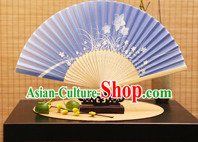 Traditional Chinese Crafts Folding Fans Printing Orchid Blue Silk Fan for Women
