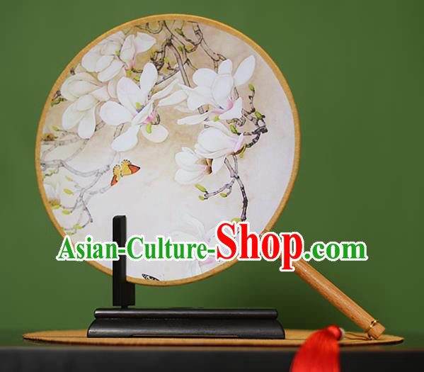 Traditional Chinese Crafts Painting Magnolia Rosewood Round Fan, China Palace Fans Princess Silk Circular Fans for Women