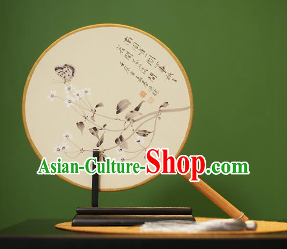 Traditional Chinese Crafts Ink Painting Butterfly Flowers Rosewood Round Fan, China Palace Fans Princess Silk Circular Fans for Women