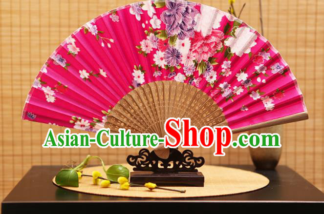 Traditional Chinese Crafts Folding Fans Printing Flowers Rosy Silk Fan for Women