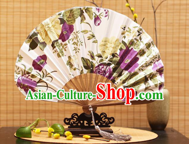 Traditional Chinese Crafts Shell Silk Folding Fan Ink Painting Purple Flowers Bamboo Fans for Women