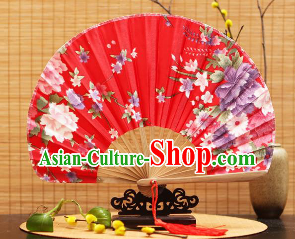 Traditional Chinese Crafts Shell Red Silk Folding Fan Ink Painting Flowers Bamboo Fans for Women