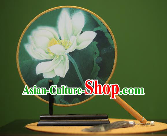 Traditional Chinese Crafts Printing Lotus Green Round Fan, China Palace Fans Princess Silk Circular Fans for Women