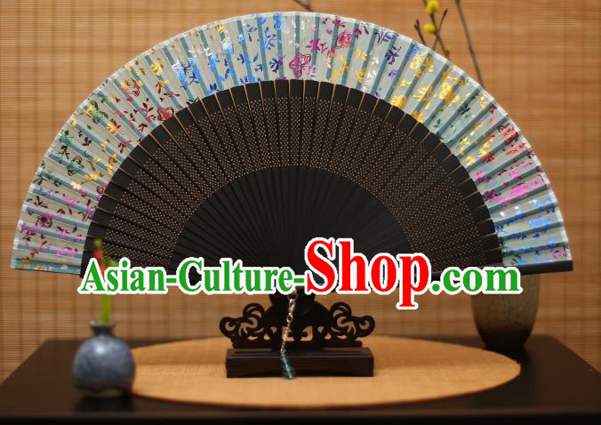 Traditional Chinese Crafts Printing Flowers Green Silk Folding Fan Sensu Fans for Women