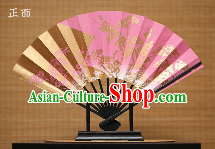 Traditional Chinese Crafts Printing Pineburst Pink Paper Folding Fan Sensu Fans for Women