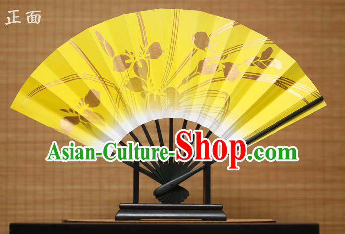 Traditional Chinese Crafts Printing Orchid Yellow Paper Folding Fan Sensu Fans for Women