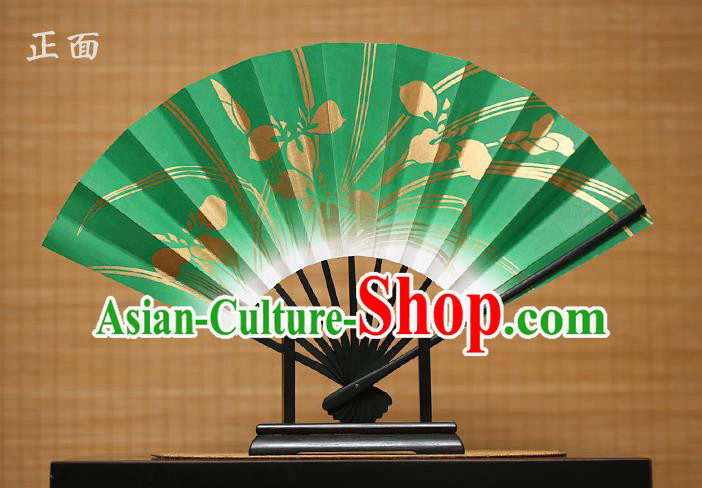 Traditional Chinese Crafts Printing Orchid Green Paper Folding Fan Sensu Fans for Women