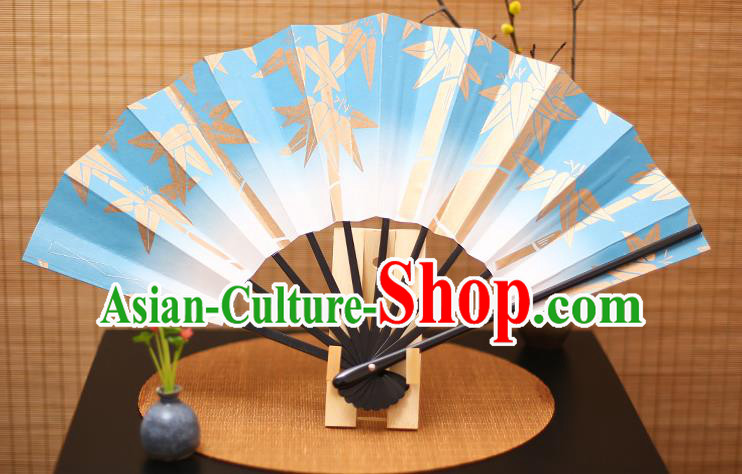 Traditional Chinese Crafts Printing Bamboo Blue Paper Folding Fan Sensu Fans for Women