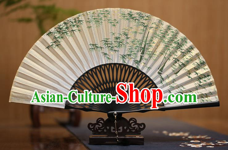 Traditional Chinese Crafts Ink Painting Green Bamboo Folding Fan Paper Fans for Men