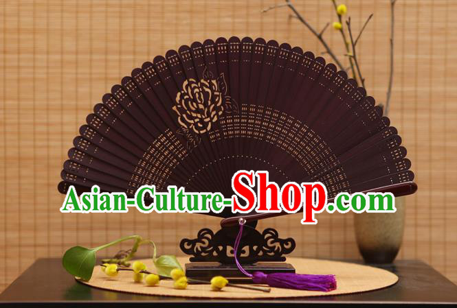 Traditional Chinese Crafts Printing Rose Folding Fan Hollow Out Bamboo Fans for Women
