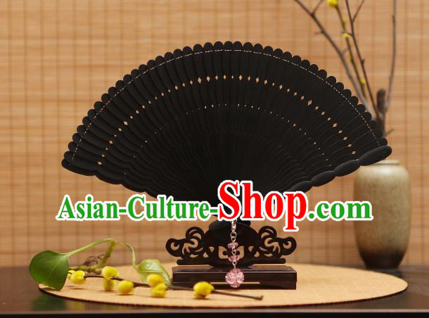 Traditional Chinese Crafts Black Folding Fan Hollow Out Bamboo Fans for Women