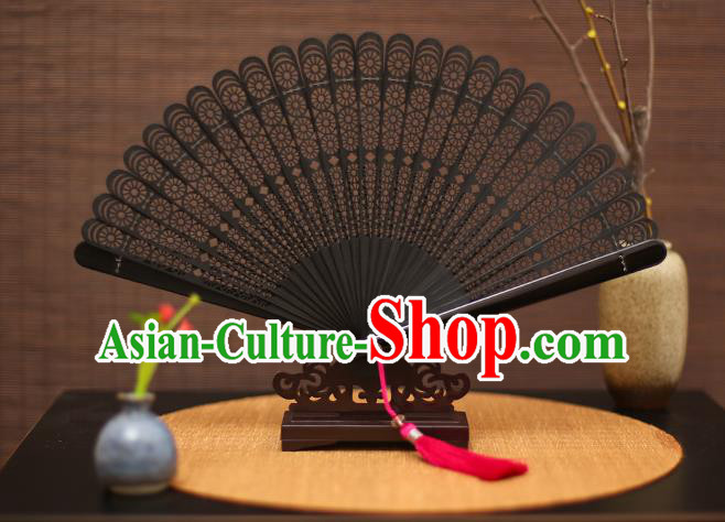 Traditional Chinese Crafts Black Folding Fan Hollow Out Bamboo Fans for Women