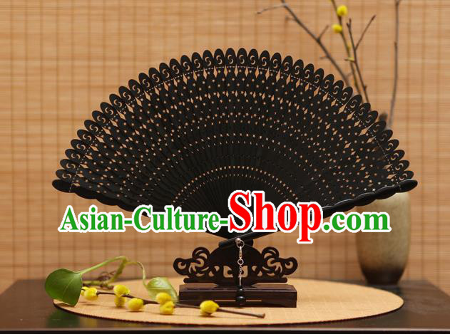 Traditional Chinese Crafts Black Folding Fan Hollow Out Bamboo Fans for Women