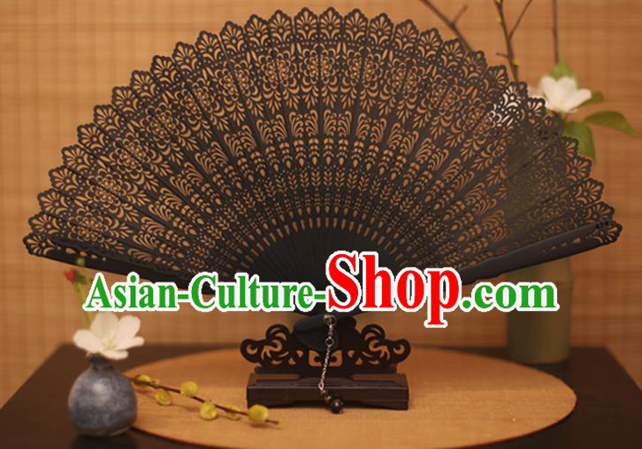 Traditional Chinese Crafts Black Folding Fan Hollow Out Bamboo Fans for Women