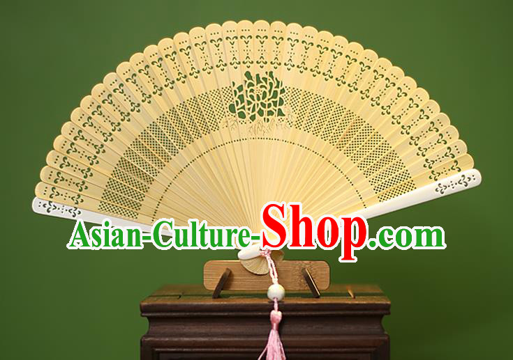 Traditional Chinese Crafts Yellow Folding Fan Hollow Out Bamboo Fans for Women