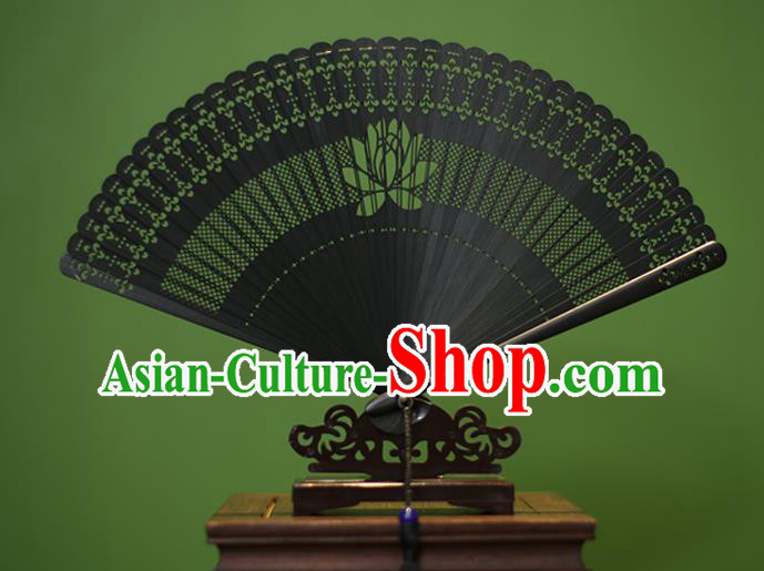 Traditional Chinese Crafts Black Folding Fan Hollow Out Lotus Bamboo Fans for Women